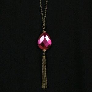 Interstellar Solstice Iridescent Fuchsia Glass Teardrop Brass Tassle Necklace